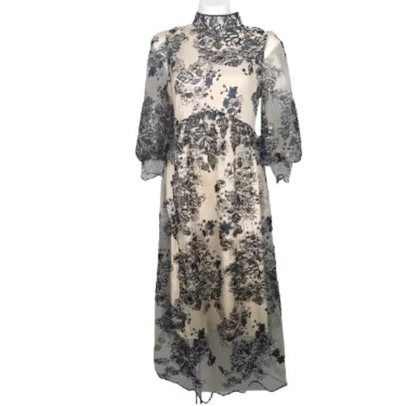 Vicky and Lucas Puff Sleeve Embroidered Floral Black Lace Mesh Dress - Picture 2 of 16